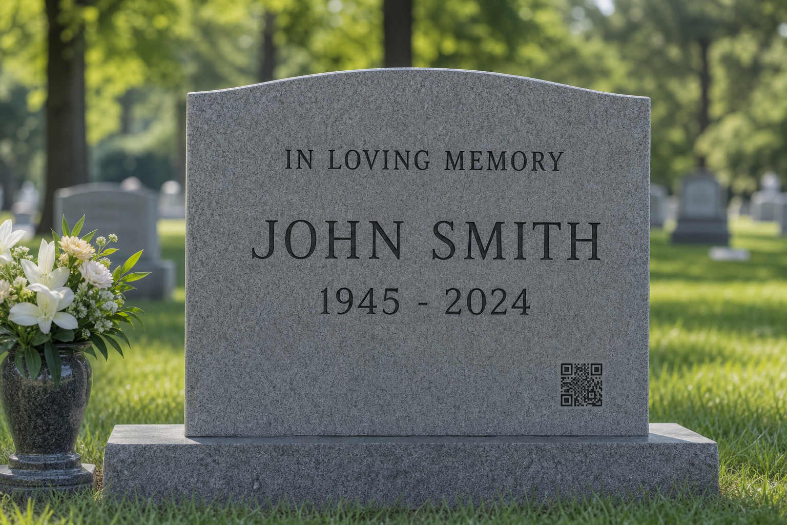 Headstones — A lasting memorial link to a tribute page, photos, or biography. Memorial headstone engraved with a discreet QR code linking to a tribute page