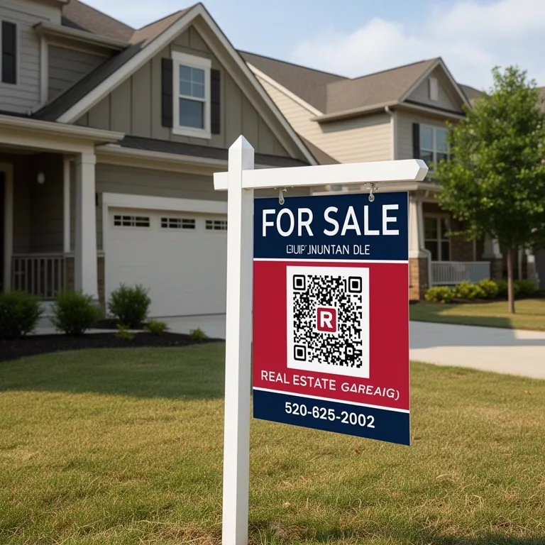 Real estate — Signs and brochures that always point to the current listing. Real estate For Sale yard sign with a QR code linking to the current listing