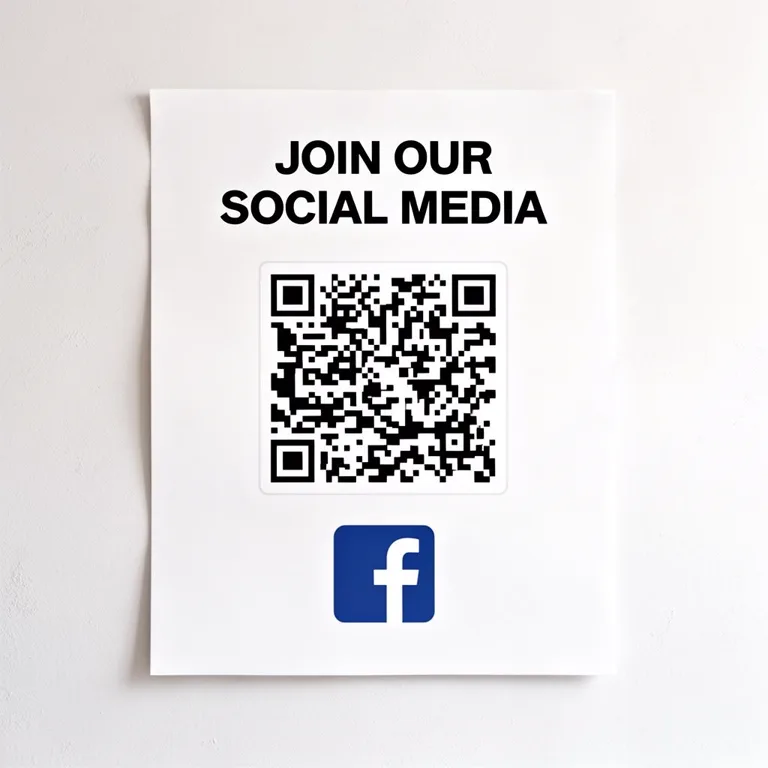 Social media — Point to Facebook, Instagram, TikTok, LinkedIn — switch anytime. Smartphone showing social media links accessed through a printed QR code