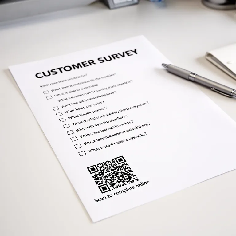 Surveys — Collect feedback year after year with the same printed code. Customer survey clipboard with a QR code linking to an online questionnaire